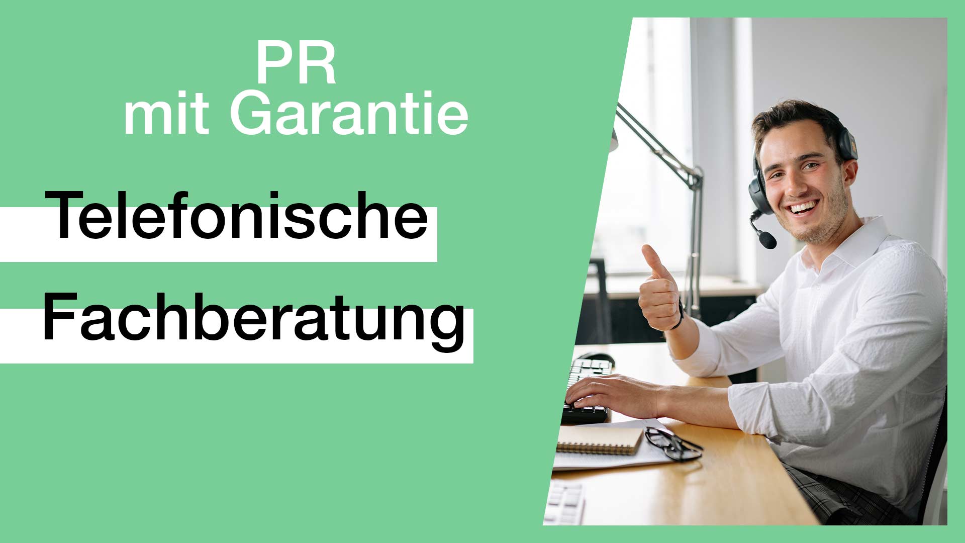 coverbild pr_mit_garantie_telefonische_beratung_grüner_hintergrund_mann_rechts_mit_headset