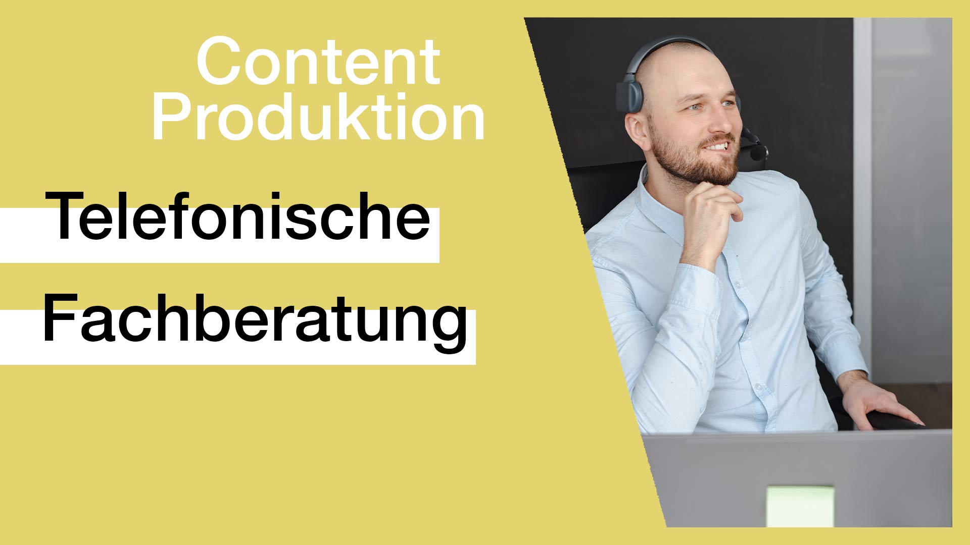 content_produktion_telefonische_fachberatung_gelber_hintergrund_mann_rechts_mit_headset